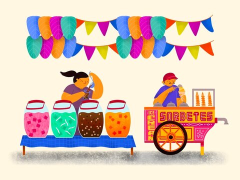Filipino fiesta scene with samalamig vendor and sorbetes cart vendor with banderitas and layered kiping leaf-shaped wafer on cream background
