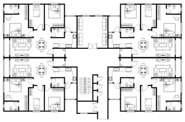 Architect's layout drawing of 4 medium size apartments with 3 bedrooms complete with furniture. 2D drawing using CAD in black and white. 4 houses sharing the same floor. 
 - obrazy, fototapety, plakaty
