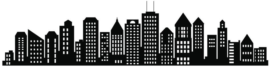 A vector landscape of buildings silhouetted on white background