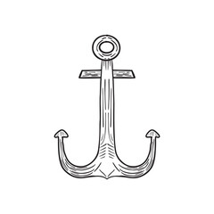 Monochrome illustration of anchor in sketch style. Hand drawings in art ink style. Black and white graphic.