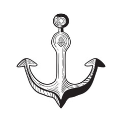 Monochrome illustration of anchor in sketch style. Hand drawings in art ink style. Black and white graphic.