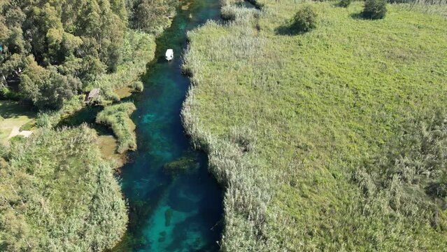 Drone view of Azmak River. Akyaka, Mugla, Turkey