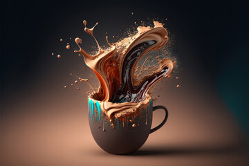 Hot morning coffee in brown cup. Coffee fragrant drink splashed with liquid splash on dark background. Banner design. Generative AI
