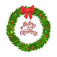 Vector flat illustration of decorated Christmas wreath with color balls. Cartoon red bow object with berries and cones in bright colors. Merry Christmas lettering winter greeting for card or poster