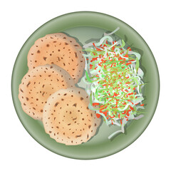 Vegetarian pupusas served with curtido salad closeup on a plate top view. Latinamerican food. Colorful vector illustration isolated on white background.