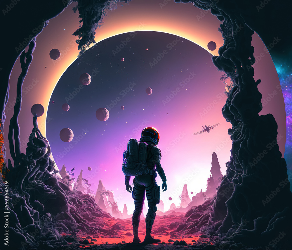 Poster beautiful astronaut on a different planet. generative ai