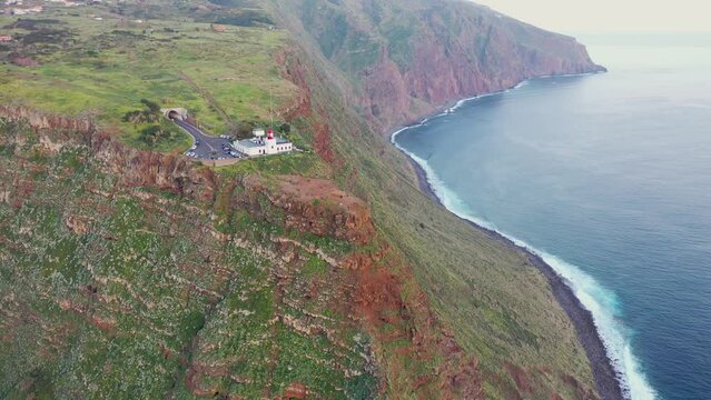 Areal flight over a lighthouse in the north of the Portuguese island of Madeira. Great landscape.
