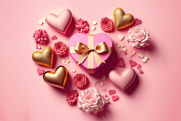 Heart pink gift box with ribbon on pink surface. Valentine day, postcard, romance banner. Generative AI