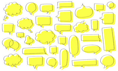 Big set of hand drawn linear speech bubbles different shape - round, rectangle, fluffy, etc. Big and small yellow outline chat clouds. Dialogue, discussion, online message sketch