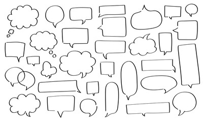 Obraz premium Big set of hand drawn speech bubbles different shape - round, rectangle, fluffy, etc. Big and small doodle chat clouds. Dialogue, discussion, online message sketch