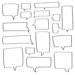 Obraz premium Collection of hand drawn square speech bubbles. Big and small doodle chat clouds. Dialogue, discussion, message, reply sketch on white background