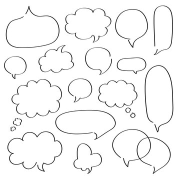 Collection of hand drawn speech bubbles different shape - round, oval, fluffy, etc. Big and small doodle chat clouds. Dialogue, discussion, message, thought, reply sketch