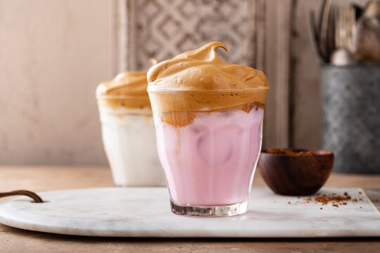 Strawberry Dalgona Whipped Coffee In A Glass With Ice