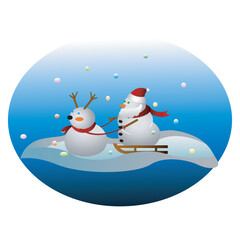a snowman santa rides a sleigh pulled by a snowman reindeer while being showered with colorful snow under a blue atmosphere