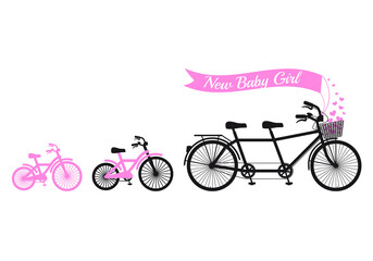 new baby girl, pink bicycle, family concept, illustration over a transparent background, PNG image 