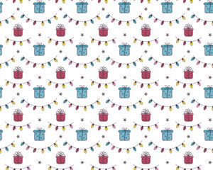 Christmas holiday presents seamless pattern. Cute colorful cartoon style illustration, geometric shapes, gift boxes with ribbons, festive light bulbs garlands. White color background. Vector