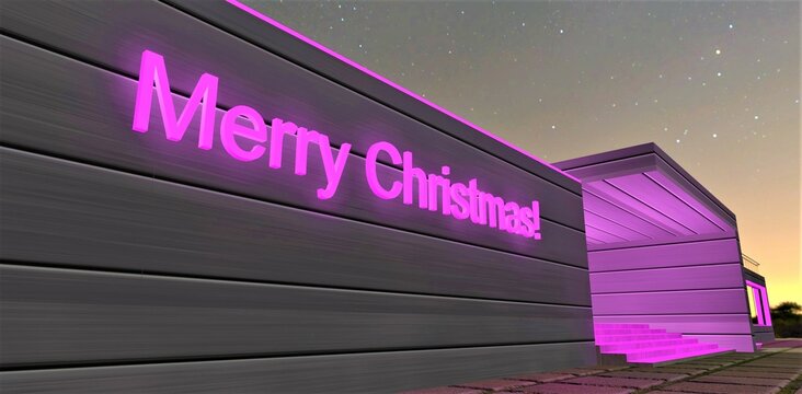 A purple Merry Christmas lettering on the aluminum wall of an advanced private estate near the entrance to the room where they are going to celebrate the New Year. 3d rendering.