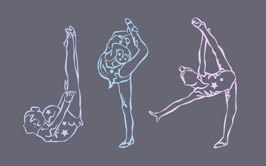 Athletes gymnastics, hand drawn, sports vector. Women's sport. Sketches of girls, silhouettes on a gray background.