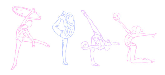 Gymnastics girls collection, hand drawn. Women's sport, silhouettes. Sketches of girls, athletes gymnastics.