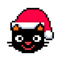 Fototapeta premium Pixel Illustration of a black cat with a Christmas hat