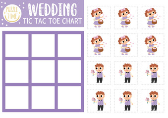 Vector wedding tic tac toe chart with boy and girl. Marriage ceremony board game playing field with cute characters. Funny family holiday printable worksheet. Noughts and crosses grid .