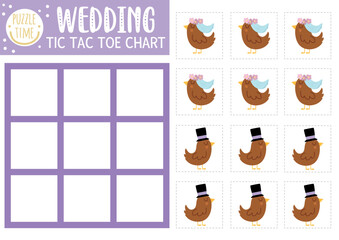 Vector wedding tic tac toe chart with bride and groom birds. Marriage ceremony board game playing field with cute characters. Funny family holiday printable worksheet. Noughts and crosses grid .