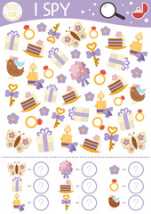 Wedding I spy game for kids. Searching and counting activity with traditional symbols. Marriage ceremony printable worksheet. Simple spotting puzzle with ring, bouquet, candle, present.
