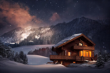Illustration of an alpine cabin chalet in front of a snowy winter landscape in the mountains during night. Content is created with generative ai
