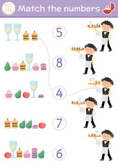 Match the numbers wedding game with waiter and candy bar food. Marriage ceremony math activity for preschool kids. Educational counting worksheet with traditional holiday food.