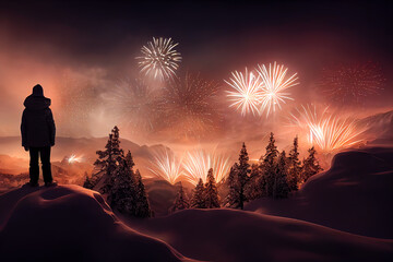 An unrecognizable person stands in front of a beautiful snowy alpine mountain landscape and enjoys the view at a pretty fireworks during silvester night. Content is created with generative ai - obrazy, fototapety, plakaty