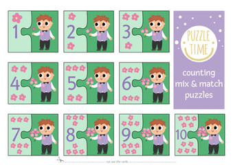 Vector wedding mix and match puzzle with cute flowers and boy with bouquet. Matching math activity for preschool children. Educational printable counting match up game for kids with kid guest.