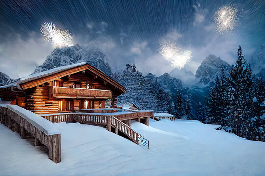 Illustrated landscape of a snowy mountain view with an alpine cabin chalet in winter during silvester night with fireworks in the background. Content is created with generative ai