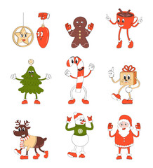 Mascot Santa, mascot deer, snowman retro vector. Deer, gingerbread, santa s stick, mug of coffee, cocoa with cinnamon in cartoon style.
