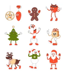Deurstickers Robot Mascot Santa, mascot deer, snowman retro vector. Deer, gingerbread, santa s stick, mug of coffee, cocoa with cinnamon in cartoon style.