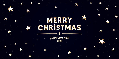 Fototapeta premium Merry Christmas and Happy New Year 2023, christmas banner. Christmas illustration, vector background. Congratulatory text on the background of the night sky and stars