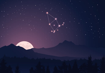 Vector constellation Cepheusin the night sky. Rising moon behind the misty hills, dense forest. Constellation in the starry sky