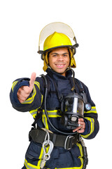 Fototapeta premium Young smiling African-American fireman in a fireproof uniform stands and make gesture ok. Isolated on white, vertical orientation