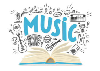 Music textbook. Book about music. Hand drawn doodles and lettering with book