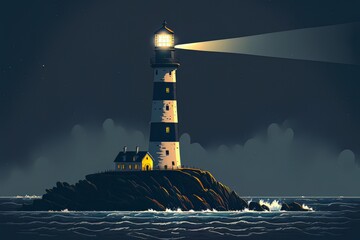Illustration of a Lighthouse on a Rocky Island