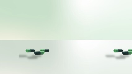 Green pharmacy capsules on light green and white gradient background. Medicine concept