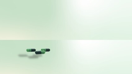 Green pharmacy capsules on light green and white gradient background. Medicine concept