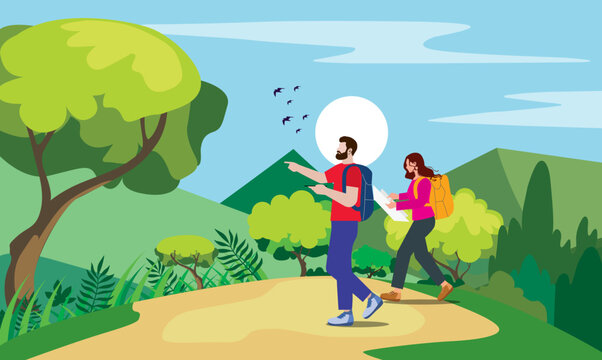 Romantic Tour, Love Couple Travel Together, Happy Young Man and Woman Dating on forest and Couple tourists travelling in jungle. beautiful forest landscape Nature and wildlife Vector Illustration.