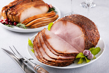 Christmas dinner main dishes, spiral sliced ham and roasted turkey breast