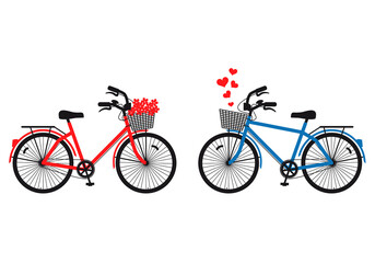 Female and male bicycles with hearts and flowers, love concept, illustration over a transparent background, PNG image