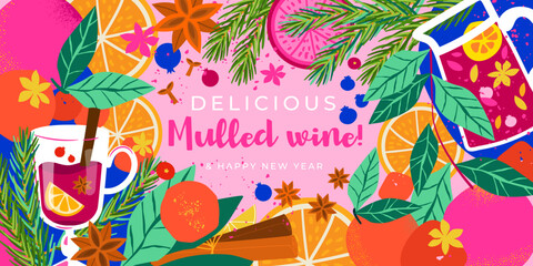 Banner with oranges, mulled wine, cinnamon and New Year's mood. It will be great as a sign at the fair, in the kiosk, and at the Christmas market.