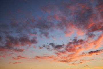 pink red sky on a blue background evening sunset of a winter day.