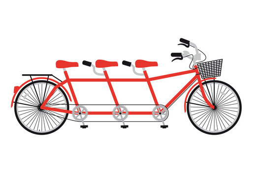 Red tandem bicycle with three seats, family concept, team work, illustration on a transparent background, PNG image