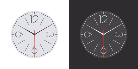 Watch faces. Modern clock faces. Classic watch dial. Clock faces on white and black background. Vector illustration