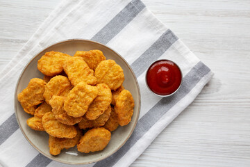 Homemade Chicken Nuggets with Ketchup, top view. Flat lay, overhead, from above. Space for text.