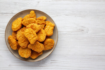 Homemade Chicken Nuggets with Ketchup, top view. Flat lay, overhead, from above. Copy space.